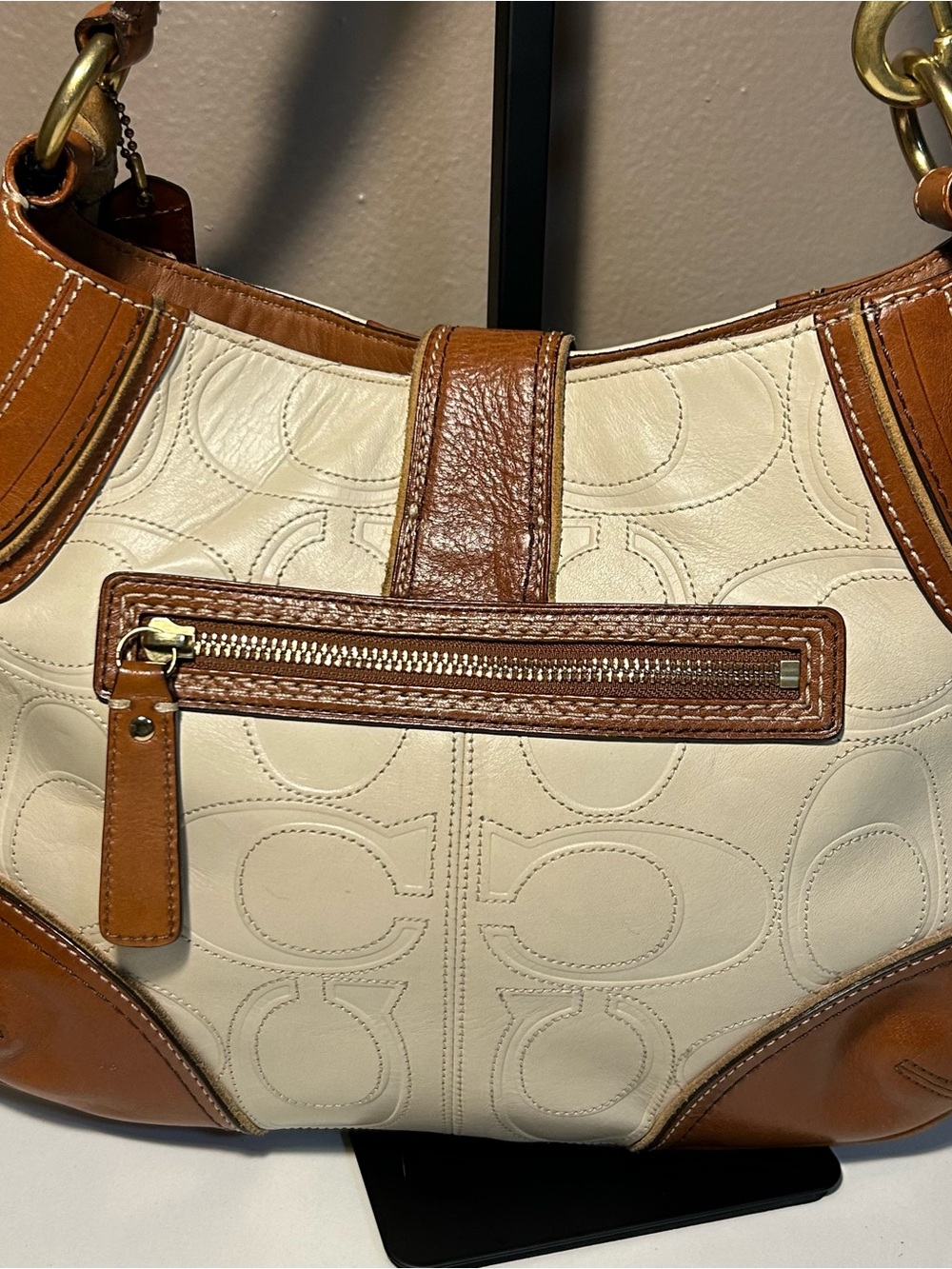 Coach Y2K Hamptons Hobo Embossed Signature Shoulder Bag Rare Brown White - Picture 5 of 14